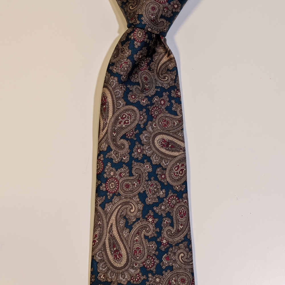 John Comfort London Silk Tie Paisley Teal Brown Red Made in England 3.25" Classi